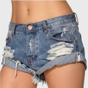 One Teaspoon Hendrix Bandit Denim Shorts Medium Wash Blue Distressed